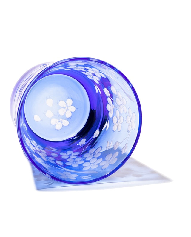 Edo Kiriko Old Glass - Cherry Blossom / Blue - , Rock Glass , Whiskey Glass , Made in Japan , traditional Japanese cut glass