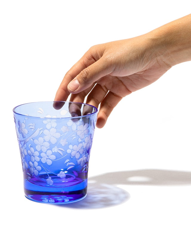 Edo Kiriko Old Glass - Cherry Blossom / Blue - , Rock Glass , Whiskey Glass , Made in Japan , traditional Japanese cut glass