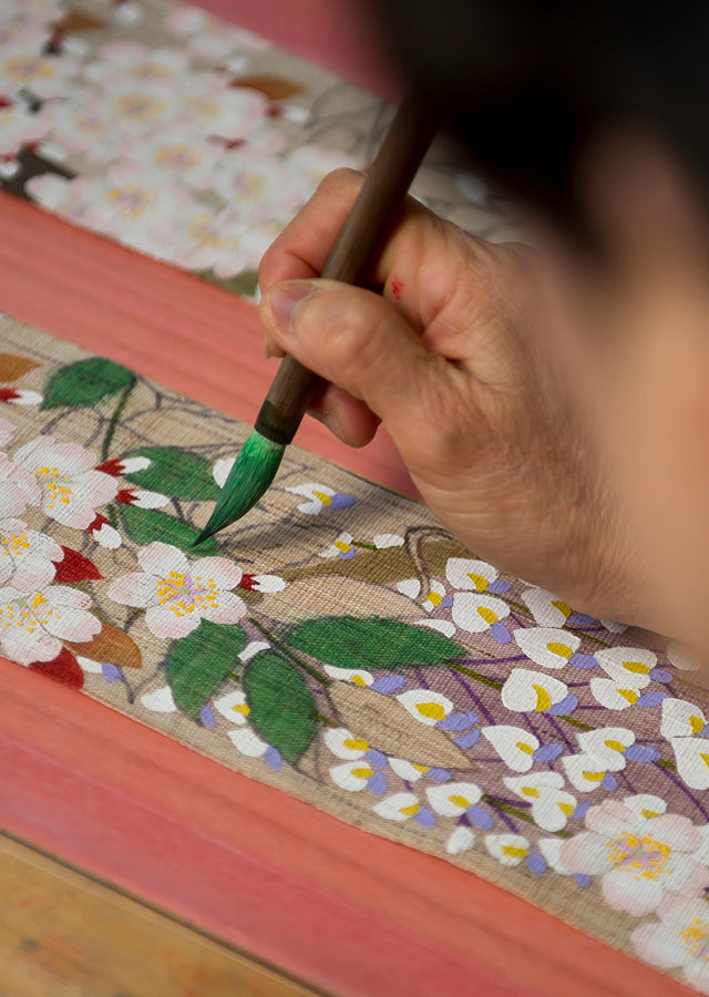 Hand-dyed Linen Japanese Narrow Tapestry with Yuzen Dyeing Technique - Four Seasons -, Kyoto Noren, Japanese wall hanging scroll