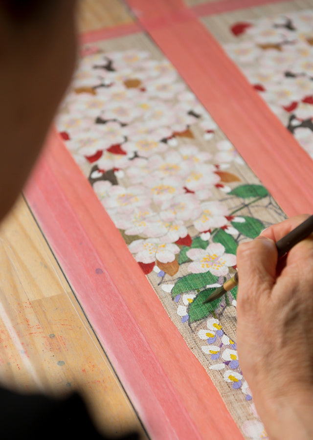 Hand-dyed Linen Japanese Narrow Tapestry with Yuzen Dyeing Technique - Four Seasons -, Kyoto Noren, Japanese wall hanging scroll