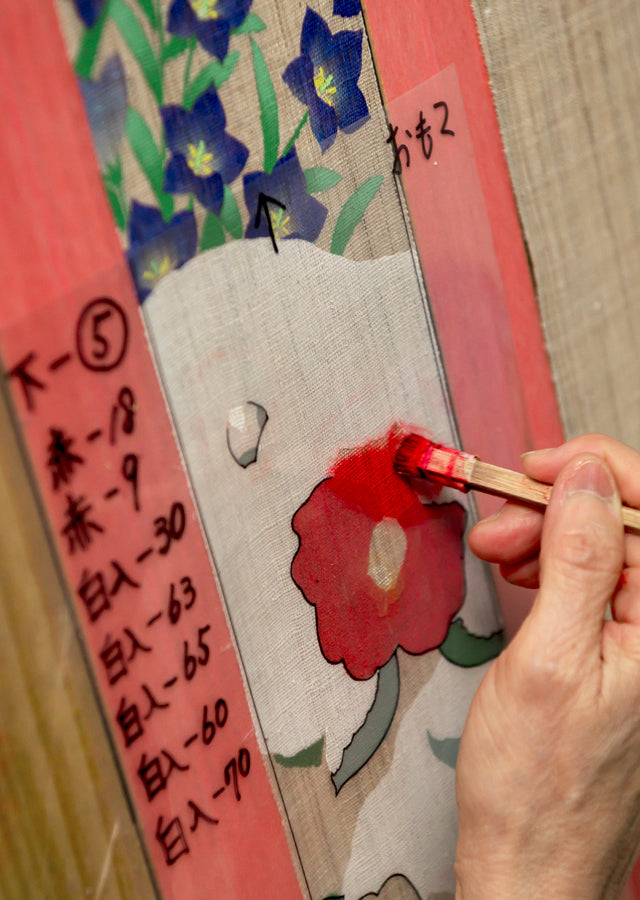 Hand-dyed Linen Japanese Narrow Tapestry with Yuzen Dyeing Technique - Four Seasons -, Kyoto Noren, Japanese wall hanging scroll