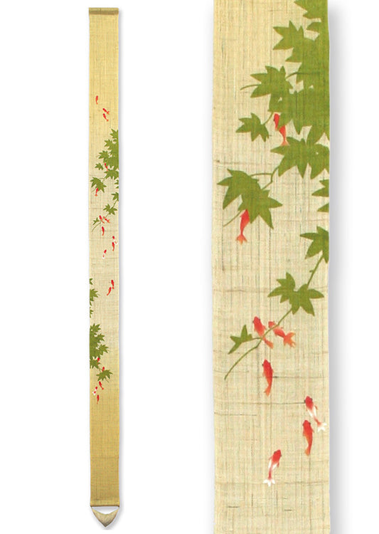 Hand-dyed Linen Japanese Narrow Tapestry - Goldfish and Maple -, Kyoto Noren, Japanese wall hanging scroll