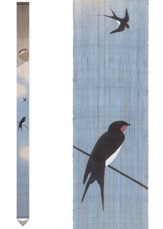 Hand-dyed Linen Japanese Narrow Tapestry - Swallow -, Kyoto Noren, Japanese wall hanging scroll