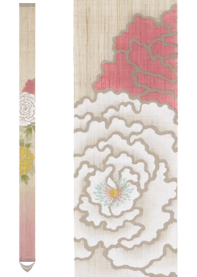 Hand-dyed Linen Japanese Narrow Tapestry - Peony -, Kyoto Noren, Japanese wall hanging scroll