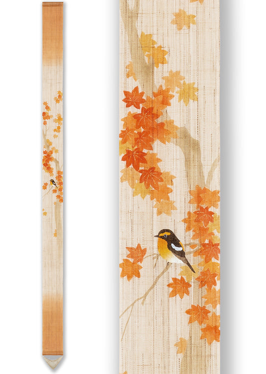 Hand-dyed Linen Japanese Narrow Tapestry - Maple and Narcissus Flycatcher -, Kyoto Noren, Japanese wall hanging scroll