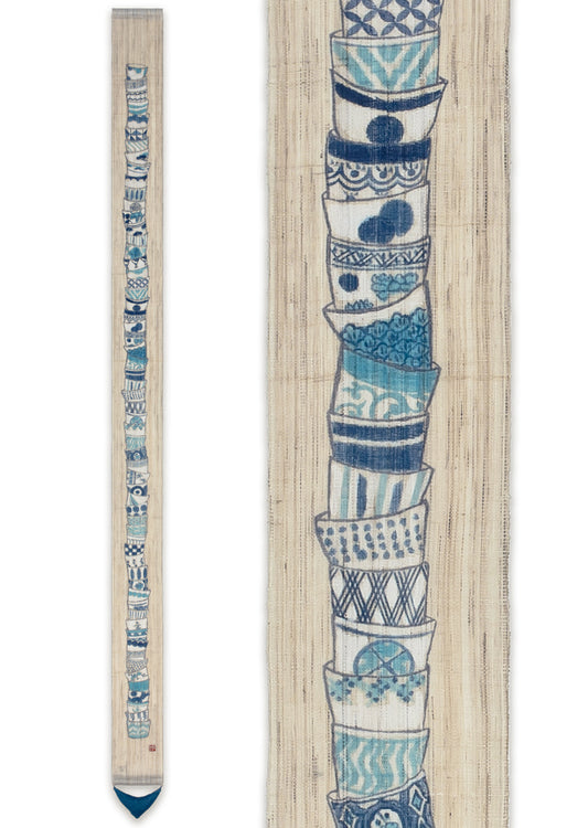 Hand-dyed Linen Japanese Narrow Tapestry - Stack Up Japanese Soba Choko Cup -, Kyoto Noren, Japanese wall hanging scroll