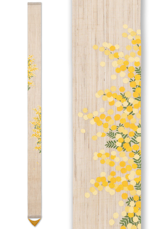 Hand-dyed Linen Japanese Narrow Tapestry - Mimosa -, Kyoto Noren, Japanese wall hanging scroll