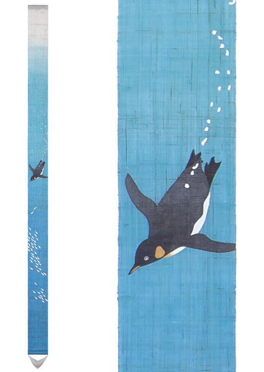 Hand-dyed Linen Japanese Narrow Tapestry - First Penguin -, Kyoto Noren, Japanese wall hanging scroll