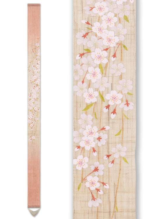 Hand-dyed Linen Japanese Narrow Tapestry - Weeping Cherry Blossom -, Kyoto Noren, Japanese wall hanging scroll