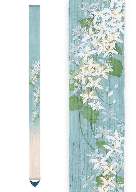 Hand-dyed Linen Japanese Narrow Tapestry - Sweet Autumn Clematis -, Kyoto Noren, Japanese wall hanging scroll