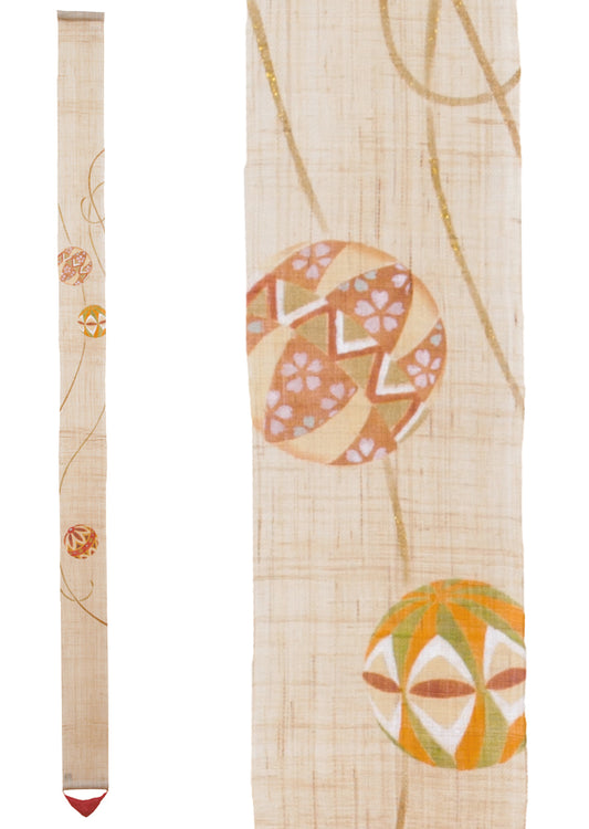 Hand-dyed Linen Japanese Narrow Tapestry - Temari(traditional japanese embroidered ball) -, Kyoto Noren, Japanese wall hanging scroll