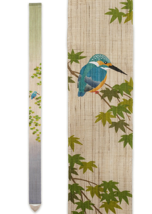 Hand-dyed Linen Japanese Narrow Tapestry - Kingfisher -, Kyoto Noren, Japanese wall hanging scroll