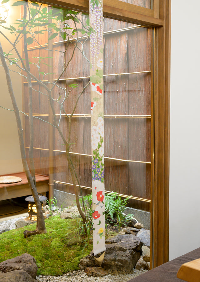Hand-dyed Linen Japanese Narrow Tapestry with Yuzen Dyeing Technique - Four Seasons -, Kyoto Noren, Japanese wall hanging scroll