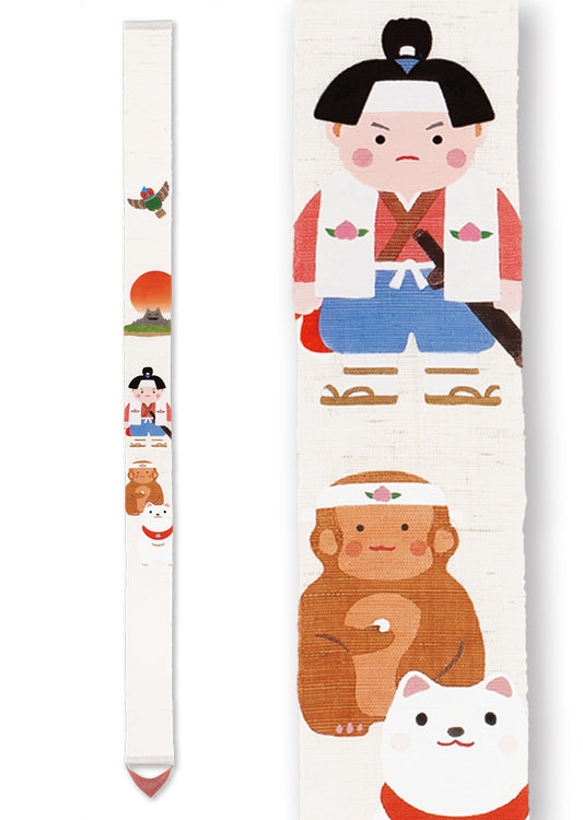 Hand-dyed Linen Japanese Narrow Tapestry - Momotaro (Peach Boy) -, Kyoto Noren, Japanese wall hanging scroll