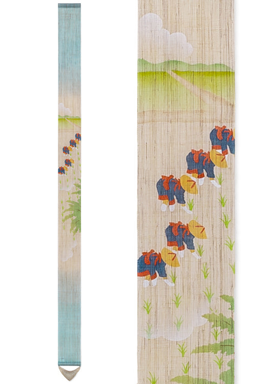 Hand-dyed Linen Japanese Narrow Tapestry - Saotome (rice planting women) -, Kyoto Noren, Japanese wall hanging scroll