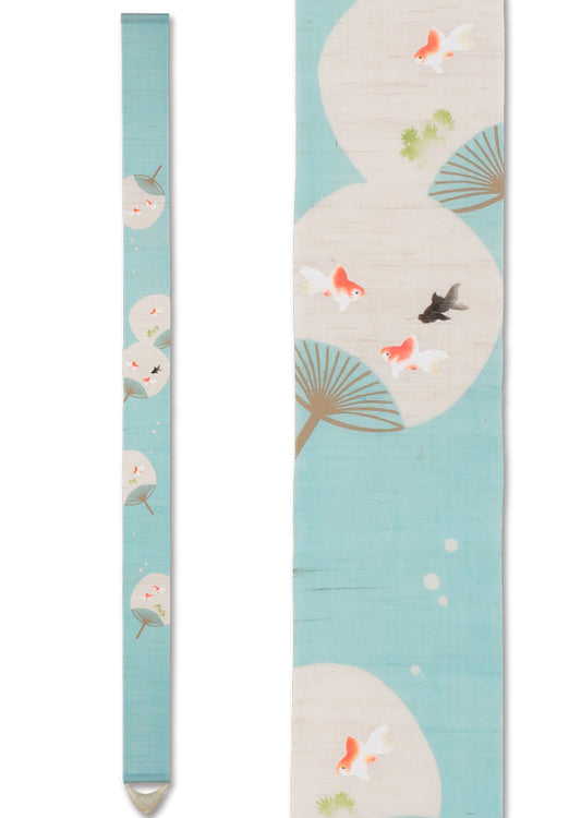 Hand-dyed Linen Japanese Narrow Tapestry - Japanese Fan and Goldfish -, Kyoto Noren, Japanese wall hanging scroll