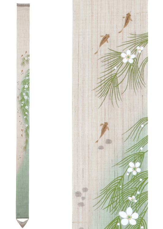 Hand-dyed Linen Japanese Narrow Tapestry - Baikamo (plum flower water plant) -, Kyoto Noren, Japanese wall hanging scroll