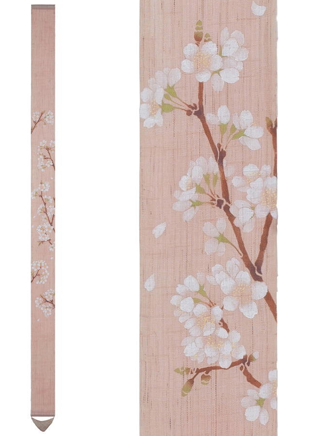 Hand-dyed Linen Japanese Narrow Tapestry - Cherry Blossom -, Kyoto Noren, Japanese wall hanging scroll