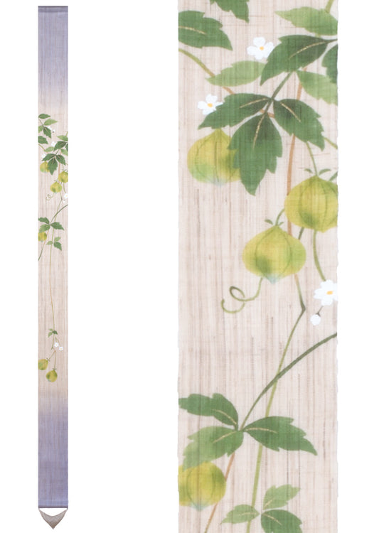 Hand-dyed Linen Japanese Narrow Tapestry - Balloon Vine -, Kyoto Noren, Japanese wall hanging scroll