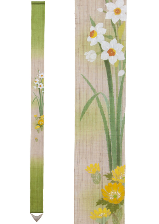 Hand-dyed Linen Japanese Narrow Tapestry - Narcissus and Adonis Ramosa -, Kyoto Noren, Japanese wall hanging scroll