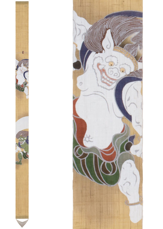 Hand-dyed Linen Japanese Narrow Tapestry - Fujin & Raijin(Wind God & Thunder God) -, Kyoto Noren, Japanese wall hanging scroll