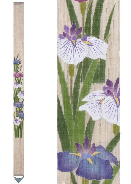 Hand-dyed Linen Japanese Narrow Tapestry - Iris -, Kyoto Noren, Japanese wall hanging scroll