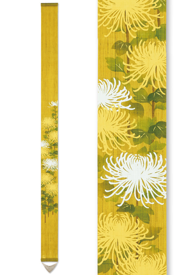 Hand-dyed Linen Japanese Narrow Tapestry - Chrysanthemum -, Kyoto Noren, Japanese wall hanging scroll