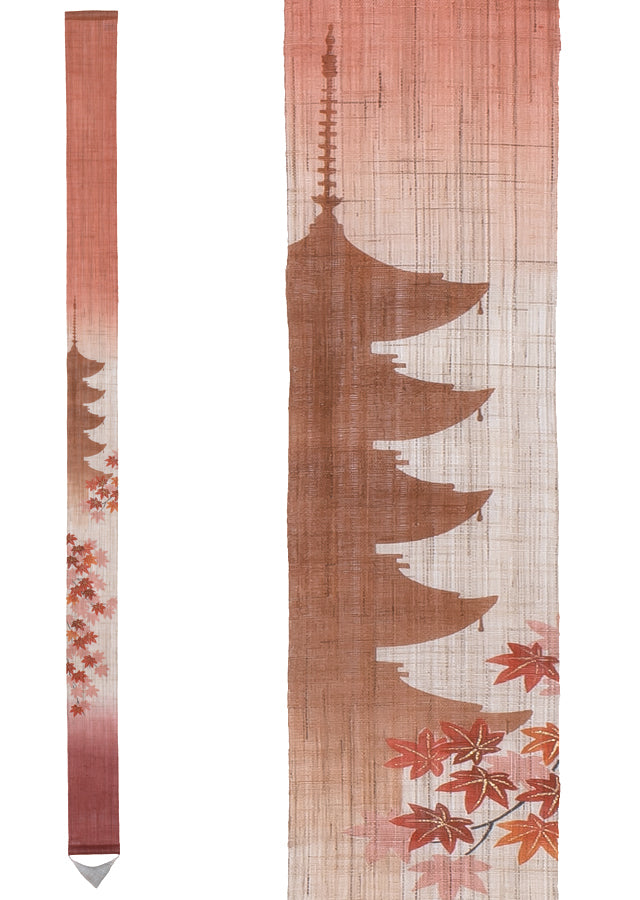 and-dyed Linen Japanese Narrow Tapestry - Maple and Five-storied Pagoda -, Kyoto Noren, Japanese wall hanging scroll
