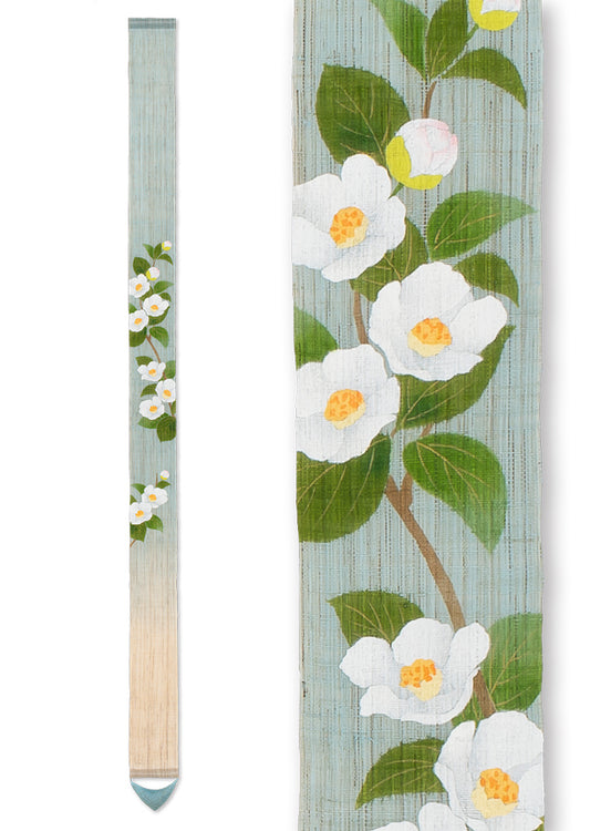 Hand-dyed Linen Japanese Narrow Tapestry - Stewartia Monadelpha -, Kyoto Noren, Japanese wall hanging scroll
