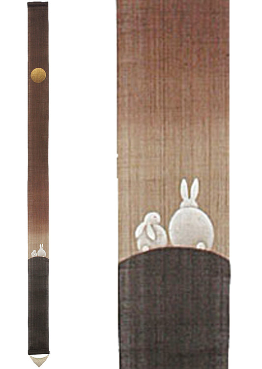 Hand-dyed Linen Japanese Narrow Tapestry - Rabbit and Moon -, Kyoto Noren, Japanese wall hanging scroll