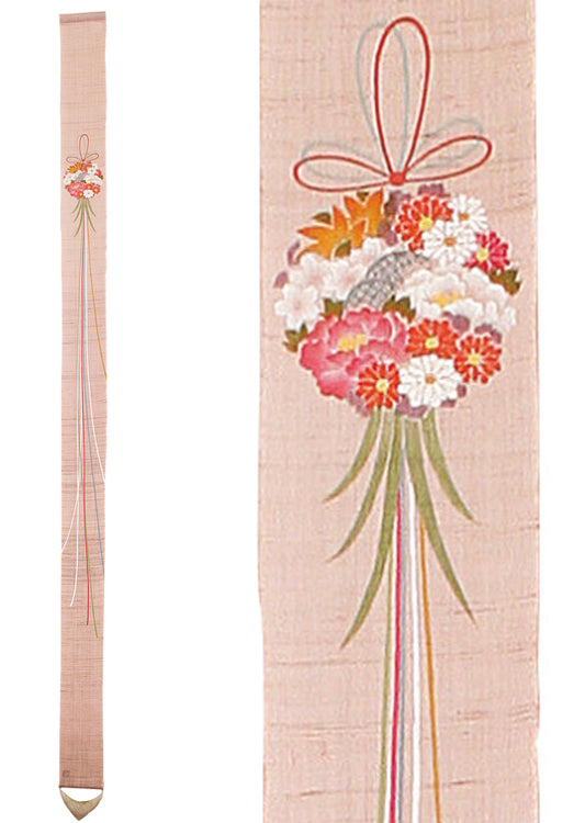 Hand-dyed Linen Japanese Narrow Tapestry - Kusudama(Japanese medicine ball) -, Kyoto Noren, Japanese wall hanging scroll