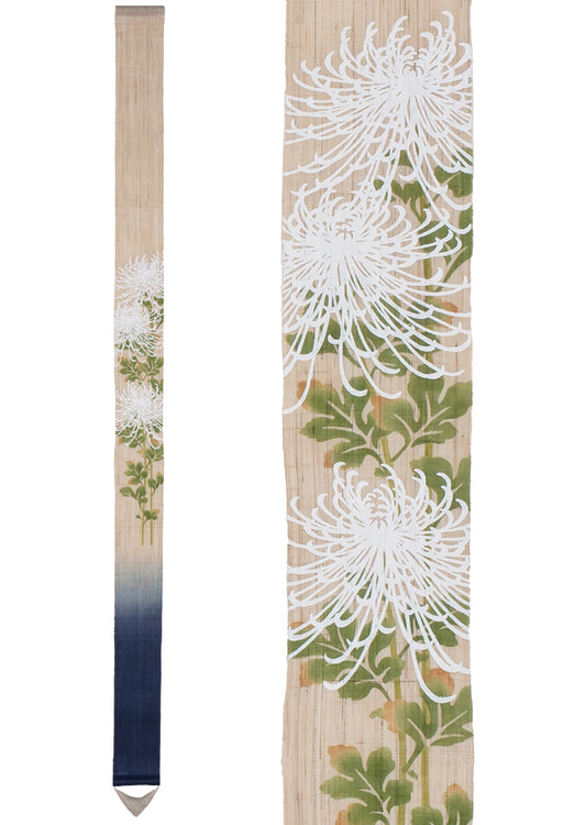 Hand-dyed Linen Japanese Narrow Tapestry - Chrysanthemum -, Kyoto Noren, Japanese wall hanging scroll