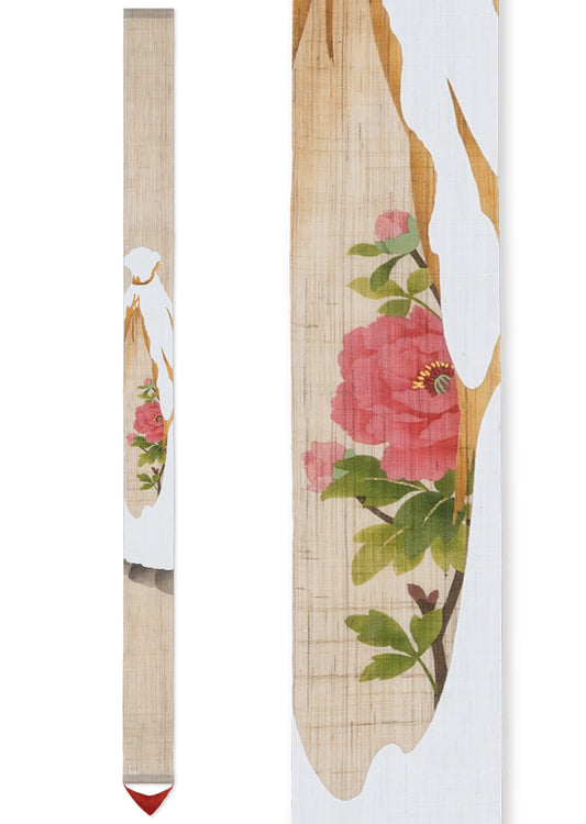 Hand-dyed Linen Japanese Narrow Tapestry - Winter Peony -, Kyoto Noren, Japanese wall hanging scroll