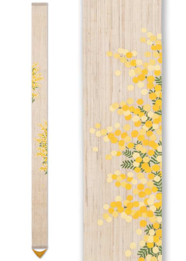 Hand-dyed Linen Japanese Narrow Tapestry - Mimosa -, Kyoto Noren, Japanese wall hanging scroll