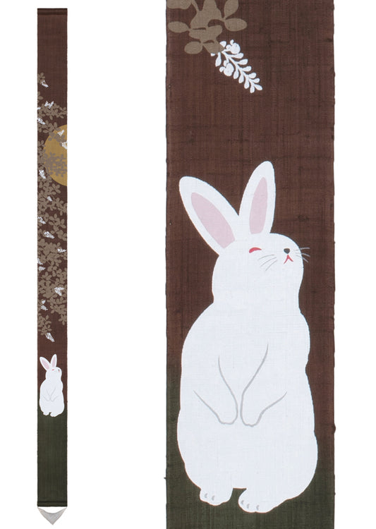 Hand-dyed Linen Japanese Narrow Tapestry - Bush Clover and Rabbit -, Kyoto Noren, Japanese wall hanging scroll