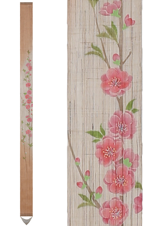 Hand-dyed Linen Japanese Narrow Tapestry - Peach Blossom -, Kyoto Noren, Japanese wall hanging scroll