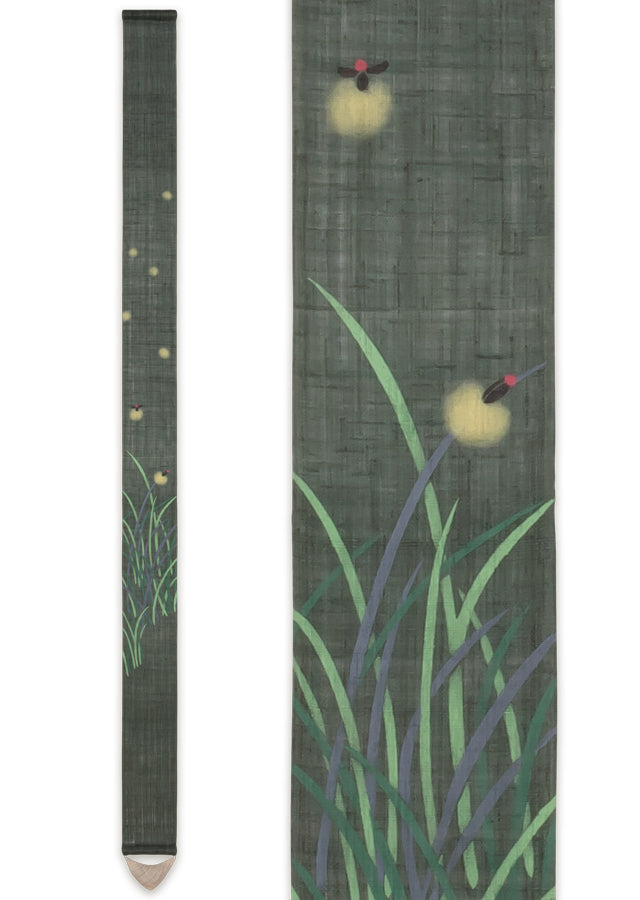 Hand-dyed Linen Japanese Narrow Tapestry - Firefly -, Kyoto Noren, Japanese wall hanging scroll