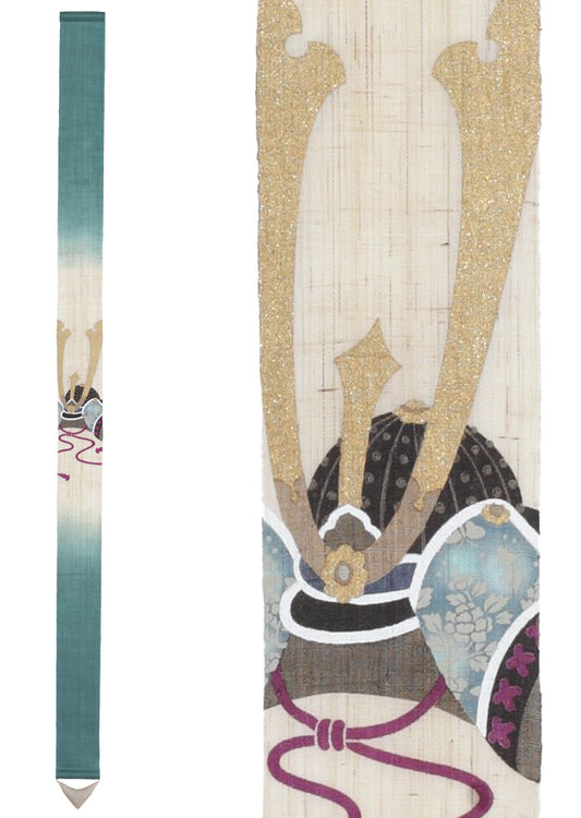 Hand-dyed Linen Japanese Narrow Tapestry - Kabuto(Samurai helmet) -, Kyoto Noren, Japanese wall hanging scroll