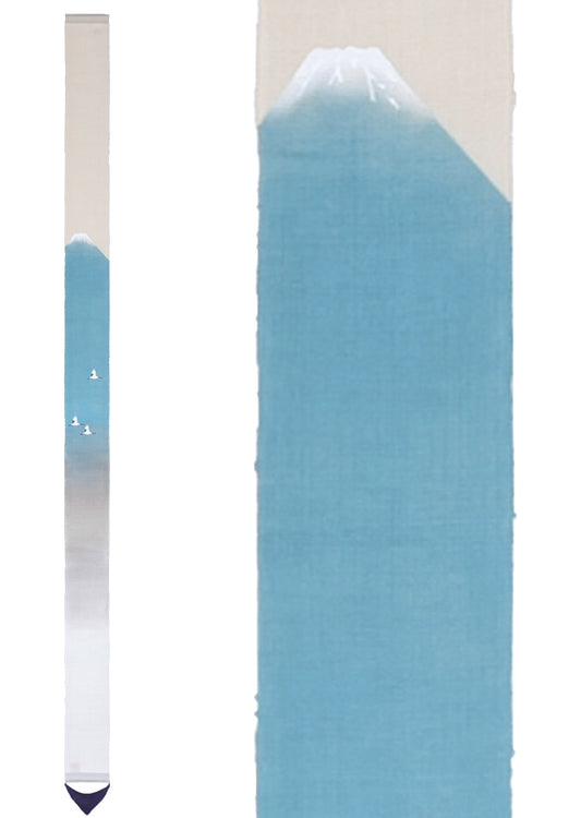 Hand-dyed Linen Japanese Narrow Tapestry - Blue Mt. Fuji -, Kyoto Noren, Japanese wall hanging scroll