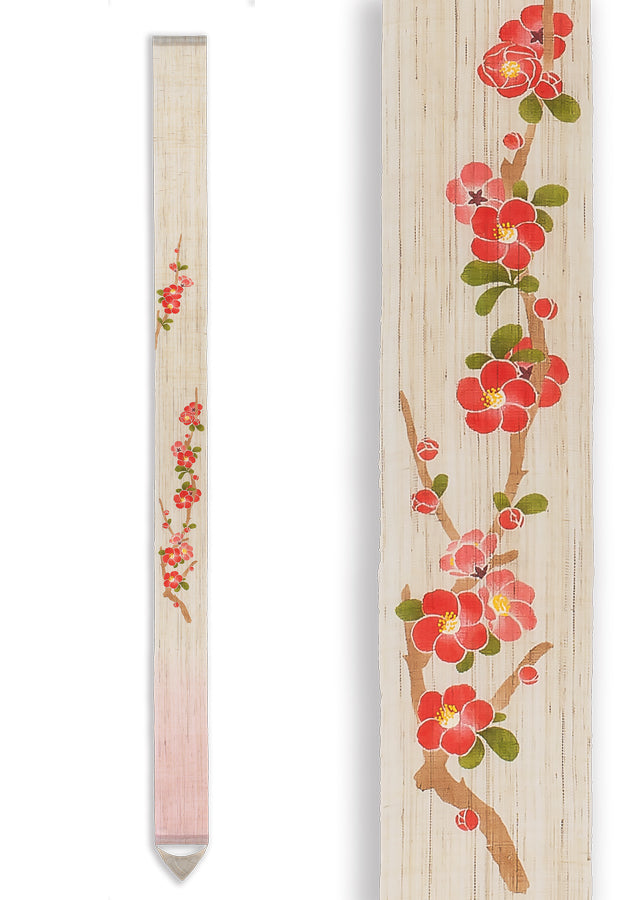 Hand-dyed Linen Japanese Narrow Tapestry - Japanese Quince -, Kyoto Noren, Japanese wall hanging scroll
