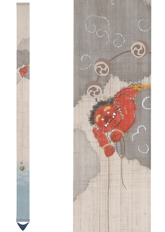 Hand-dyed Linen Japanese Narrow Tapestry - Japanese God of Thunder -, Kyoto Noren, Japanese wall hanging scroll
