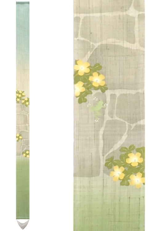 Hand-dyed Linen Japanese Narrow Tapestry - Yellow Sorrel -, Kyoto Noren, Japanese wall hanging scroll