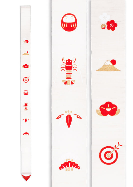 Hand-dyed Linen Japanese Narrow Tapestry - Japanese Lucky Charms -, Kyoto Noren, Japanese wall hanging scroll