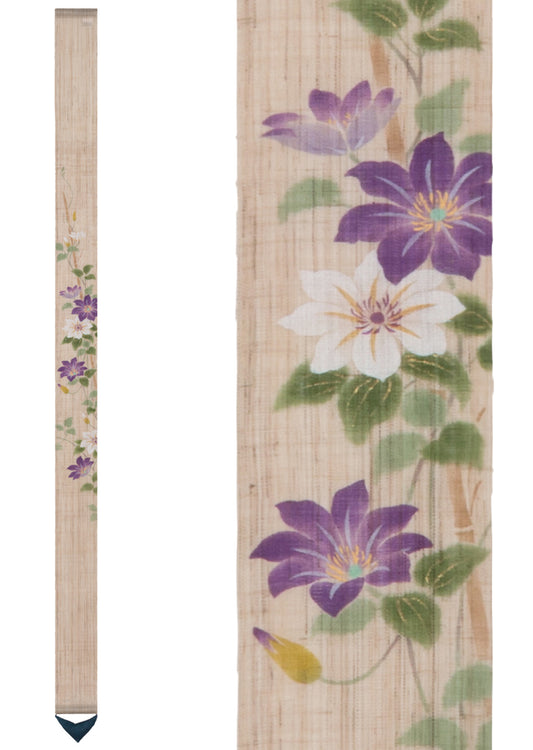 Hand-dyed Linen Japanese Narrow Tapestry - Clematis Patens -, Kyoto Noren, Japanese wall hanging scroll