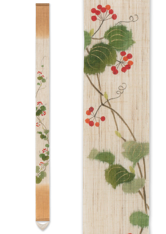 Hand-dyed Linen Japanese Narrow Tapestry - Smilax China -, Kyoto Noren, Japanese wall hanging scroll