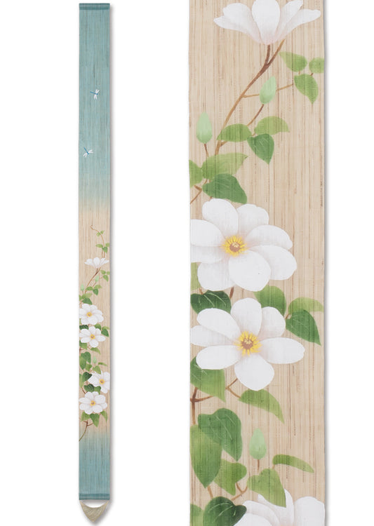 Hand-dyed Linen Japanese Narrow Tapestry - Clematis -, Kyoto Noren, Japanese wall hanging scroll