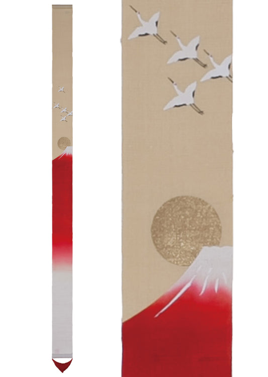 Hand-dyed Linen Japanese Narrow Tapestry - Red Mt. Fuji -, Kyoto Noren, Japanese wall hanging scroll