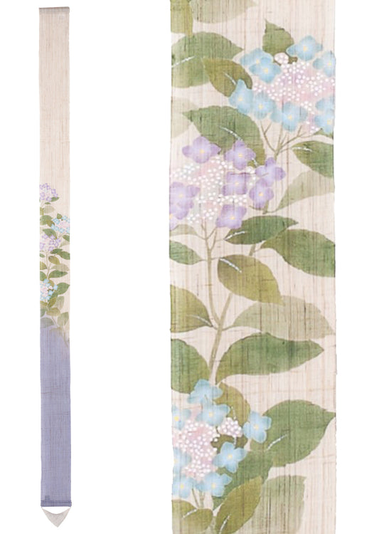 Hand-dyed Linen Japanese Narrow Tapestry - Lacecap Hydrangea -, Kyoto Noren, Japanese wall hanging scroll