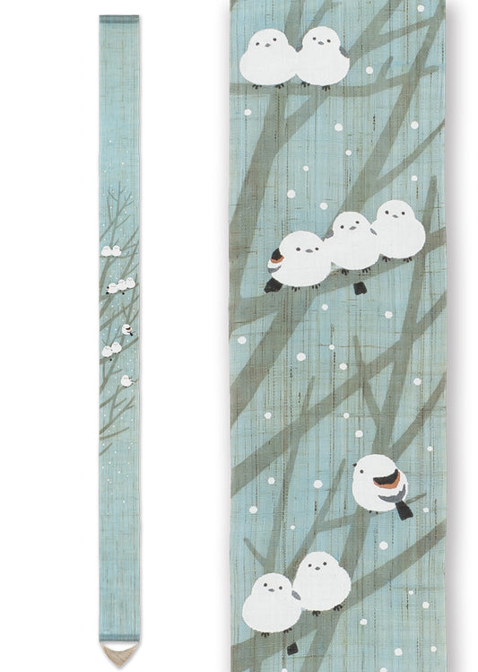 Hand-dyed Linen Japanese Narrow Tapestry - Long-tailed Tit -, Kyoto Noren, Japanese wall hanging scroll