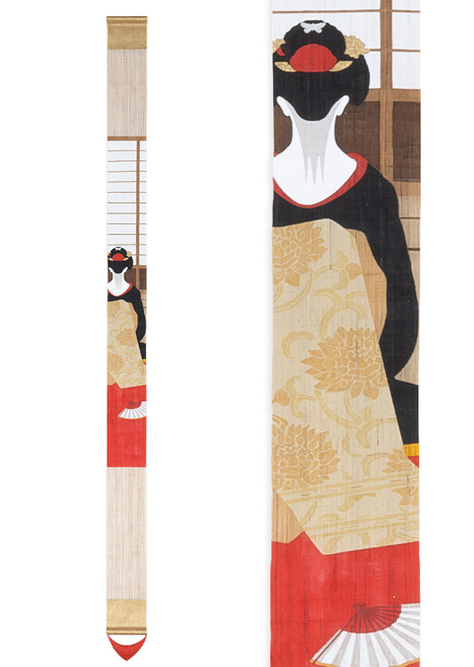 Hand-dyed Linen Japanese Narrow Tapestry - Japanese Geisha -, Kyoto Noren, Japanese wall hanging scroll